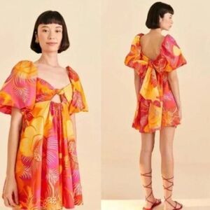 NEW FARM Rio Summer Garden Ombre Mini Dress Tropical Floral Orange Pink Size M